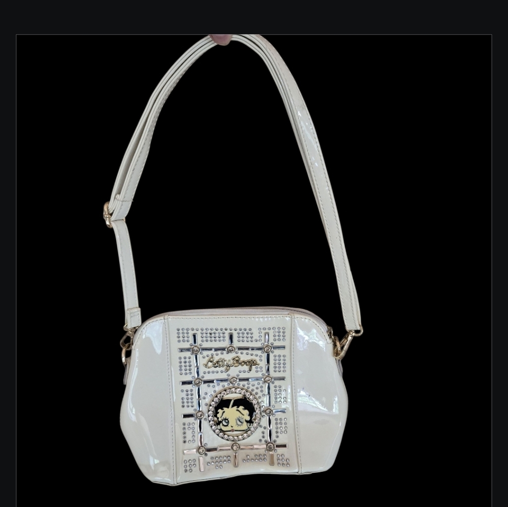 Betty Boop Shoulder Strap Bag Patent Faux Leather Rhinestone Crystal Zip Studded